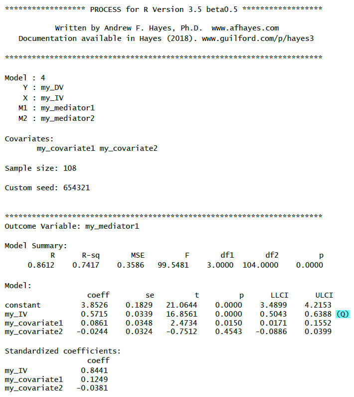 Output parallele Mediation mit PROCESS (Model 4) erster a-Pfad