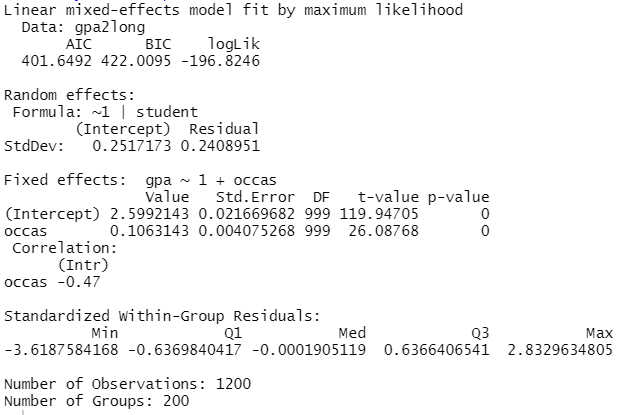 output nlme growth model fixed slopes